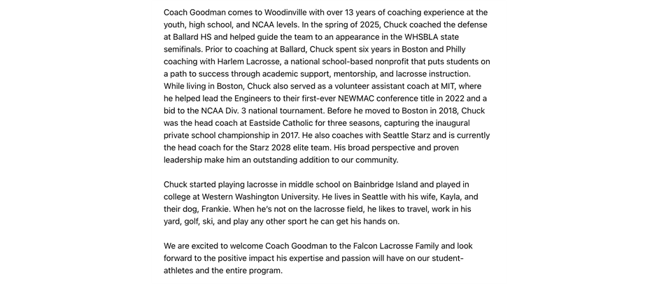New Woodinville High School Coach, Chuck Goodman